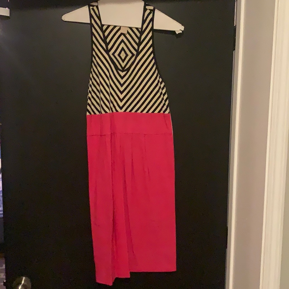Black and white stripe with pink dress.  Side zip